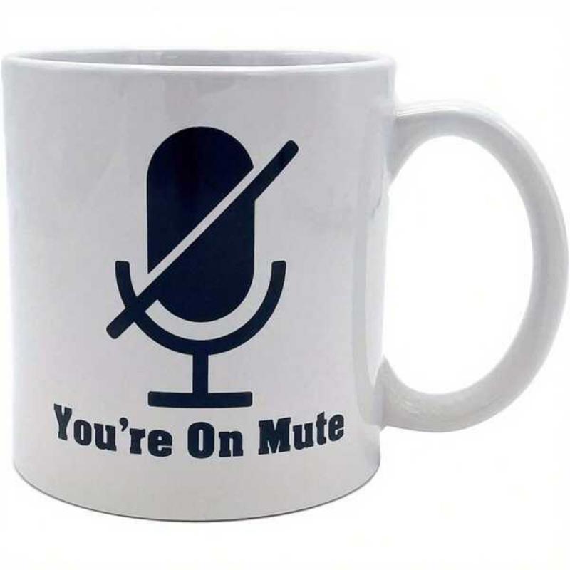 Tailorly White Ceramic 11 oz Mug - Youre On Mute Minimalist Black Silhouette Style Featuring Crossed Out Electronic Microphone