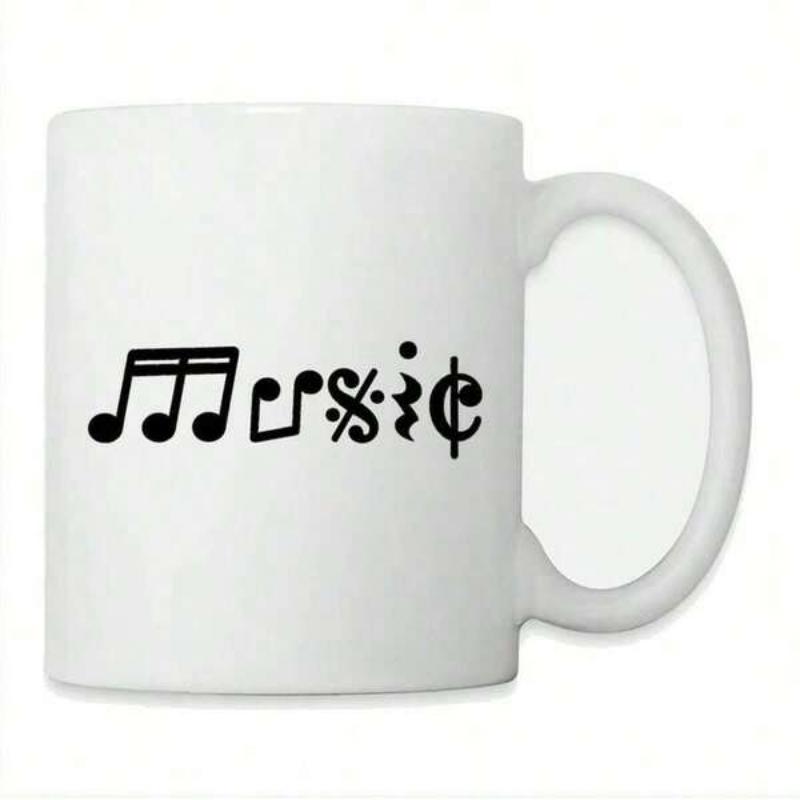 Tailorly White Ceramic 11 oz Mug - Music Creative Black Musical Symbols Forming A Stylized Artistic Horizontal Word Notation