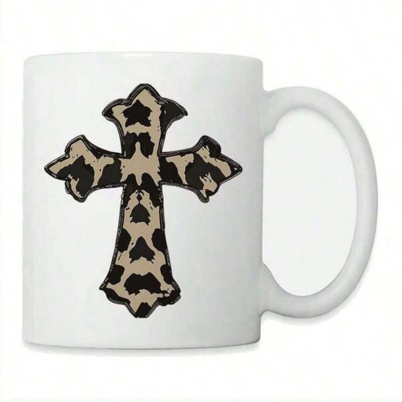 Tailorly White Ceramic 11 oz Mug - Stylized Religious With Leopard Print Texture And Decorative Floral Edges Cross