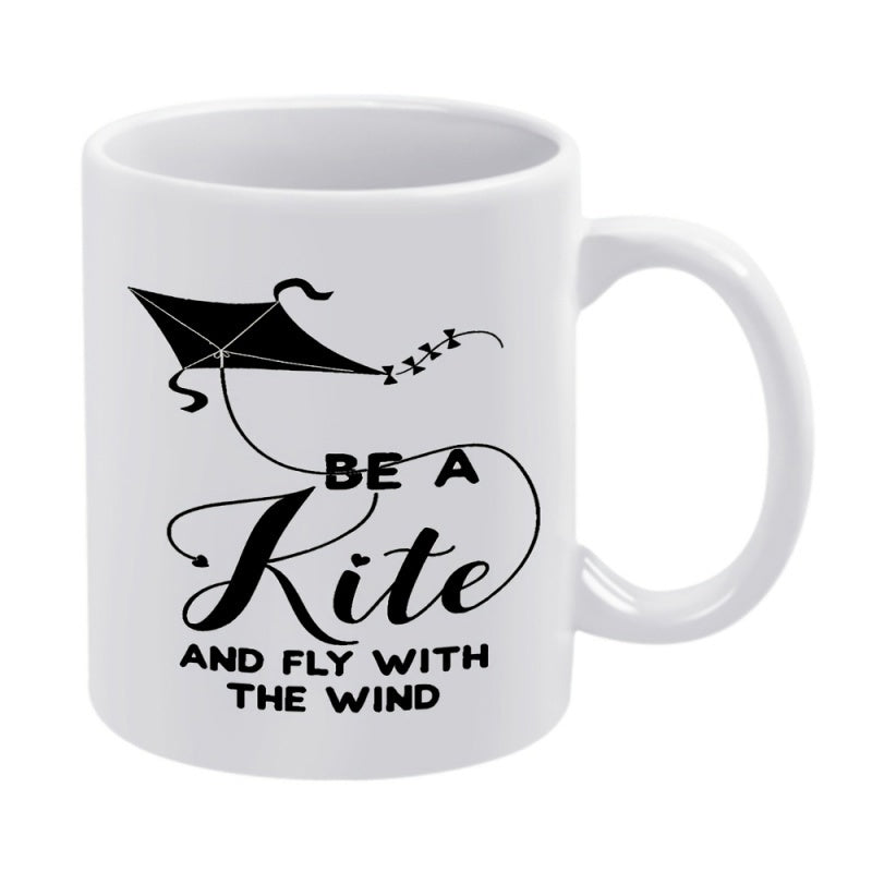 Tailorly White Ceramic 11 oz Mug - Be A Kite And Fly With The Wind Minimalist Black Silhouette Drifting Gracefully Along A Long Curving String Kite