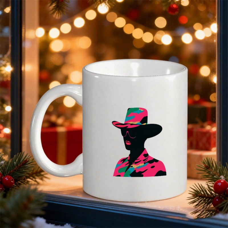 Tailorly White Ceramic 11 oz Mug - Stylized Silhouette Wearing Vibrant Pink Camouflage Patterned Hat And Shirt Cowboy