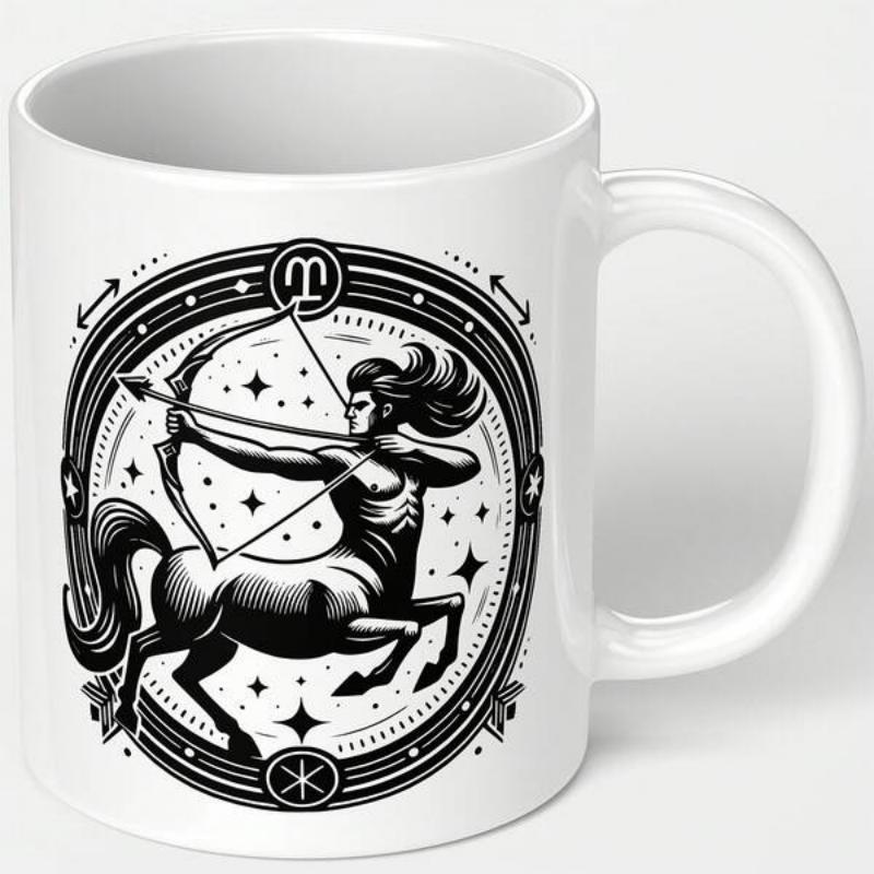 Tailorly White Ceramic 11 oz Mug - Majestic Celestial Archer Aiming Bow Under Stars Inside Circular Frame Centaur