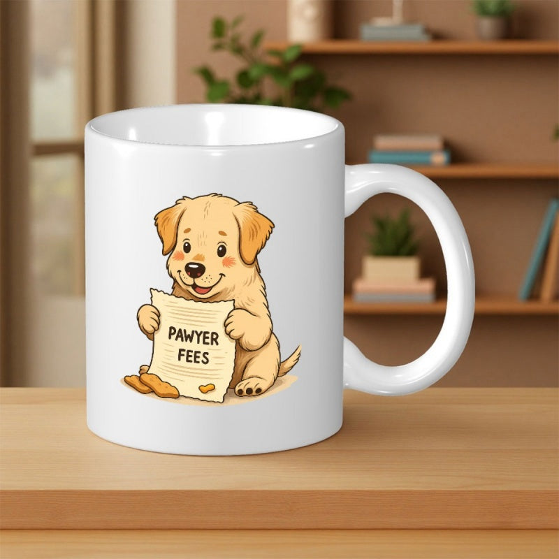 Tailorly White Ceramic 11 oz Mug - Pawyer Fees Cute Golden Retriever Sitting And Holding A Paper Sign Puppy