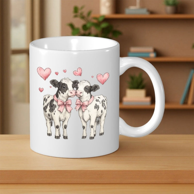 Tailorly White Ceramic 11 oz Mug - Adorable Spotted Pair Wearing Pink Bows Surrounded By Floating Sweet Hearts Cow