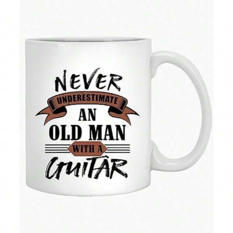 Tailorly White Ceramic 11 oz Mug - Never Underestimate An Old Man With A Guitar Vintage Styled Banner Decorations With Horizontal Lines And Brush Lettering Guitar