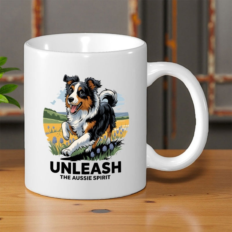Tailorly White Ceramic 11 oz Mug - Unleash The Aussie Spirit Active Energetic Australian Shepherd Running Through Golden Fields Under Clear Blue Skies Dog