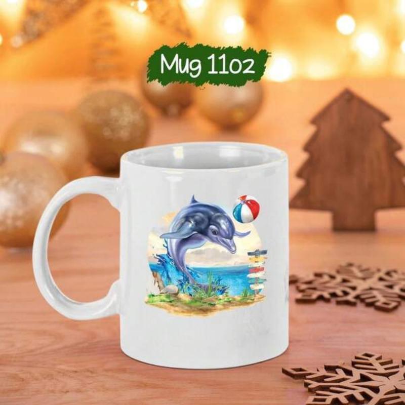 Tailorly White Ceramic 11 oz Mug - Vibrant Blue Dolphin Jumping Over Tropical Ocean Waves Near Sand Dolphin