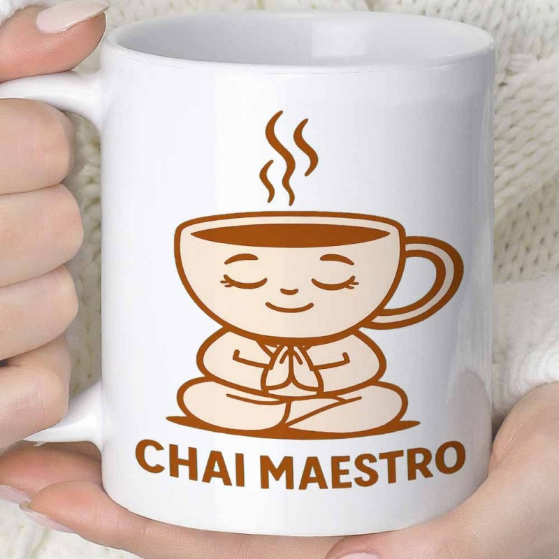 Tailorly White Ceramic 11 oz Mug - Chai Maestro Peaceful Meditating Cartoon Character In Zen Yoga Pose With Steam Cup