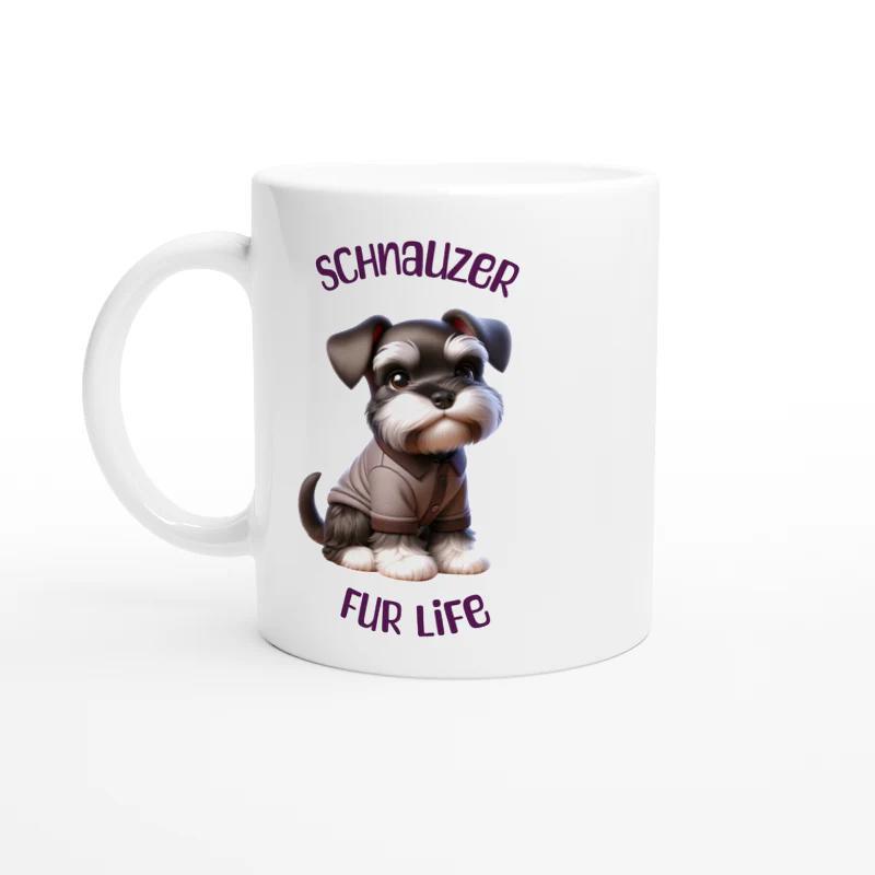 Tailorly White Ceramic 11 oz Mug - Schnauzer Fur Life Adorable 3D Stylized Puppy Wearing Small Grey Padded Vest Sitting Still Schnauzer