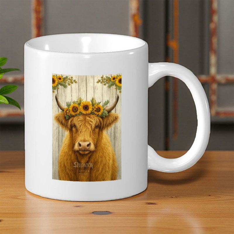 Tailorly White Ceramic 11 oz Mug - Sunshine Love Rustic Highland Cow Wearing Vibrant Yellow Sunflowers And Green Leaves Cow