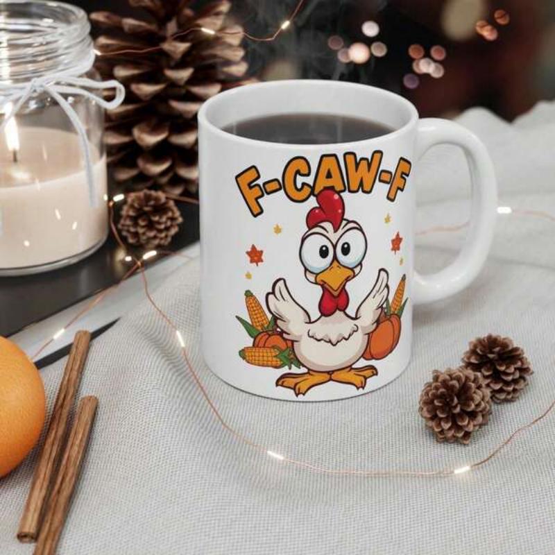 Tailorly White Ceramic 11 oz Mug - F Caw F Cartoonish Chicken With Big Eyes And Autumn Harvest Pumpkins Among Corn Chicken