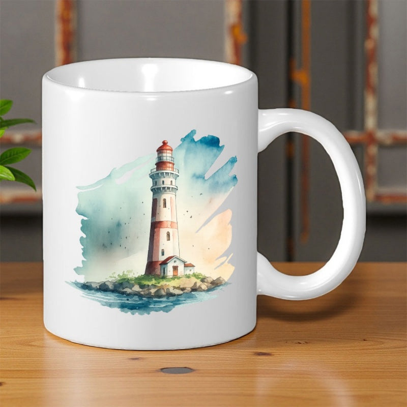 Tailorly White Ceramic 11 oz Mug - Beautiful Watercolor Illustration Of A Coastal Tower Among Blue Clouds Lighthouse