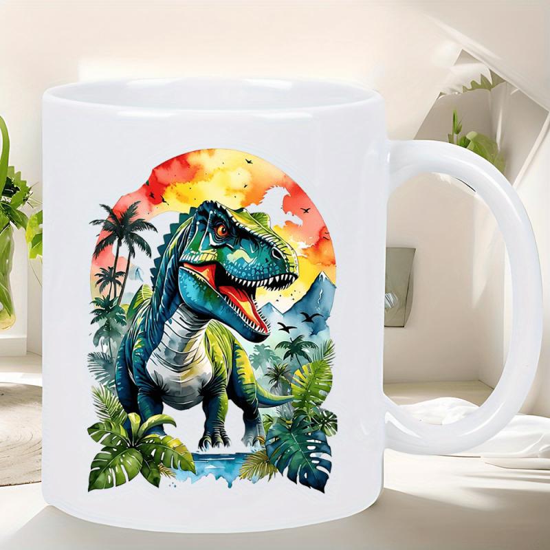 Tailorly White Ceramic 11 oz Mug - Colorful Artistic Watercolor Illustration Of Predatory Jungle Reptile Amidst Tropical Leaves Dinosaur