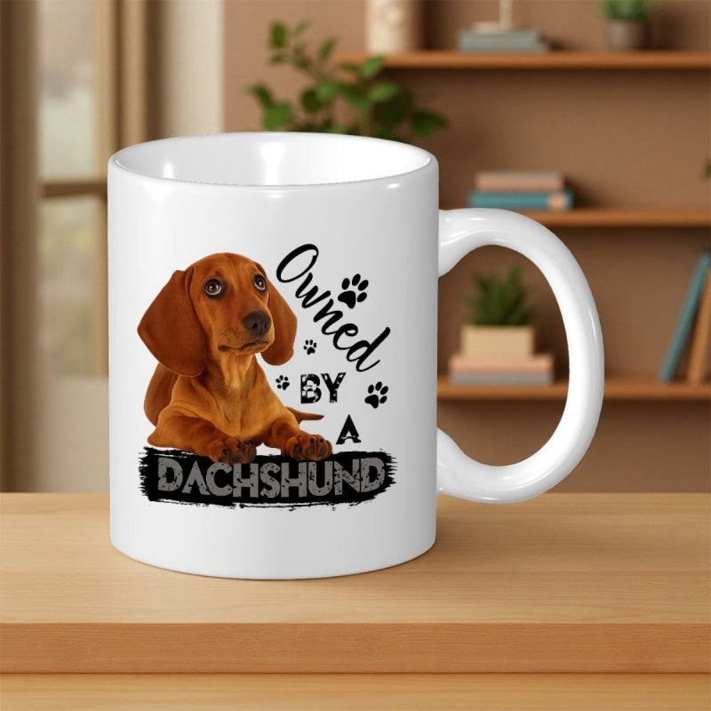 Tailorly White Ceramic 11 oz Mug - Owned By A Dachshund Cute Brown Puppy Dog Resting Calmly With Black Paw Prints Dachshund