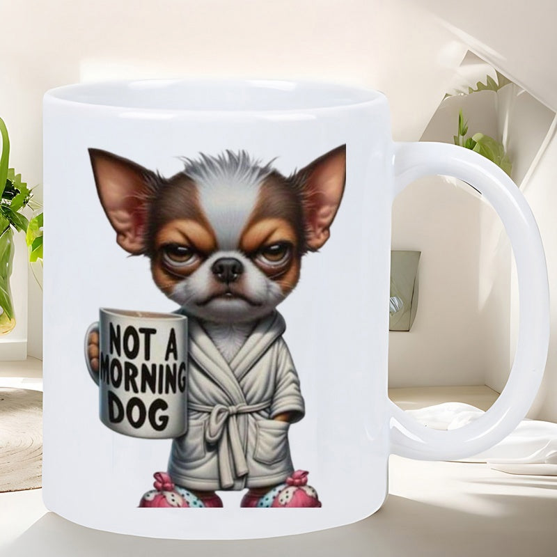 Tailorly White Ceramic 11 oz Mug - Not A Morning Dog Grumpy Cartoon Chihuahua Wearing A Bathrobe And Slippers Holding Coffee Chihuahua