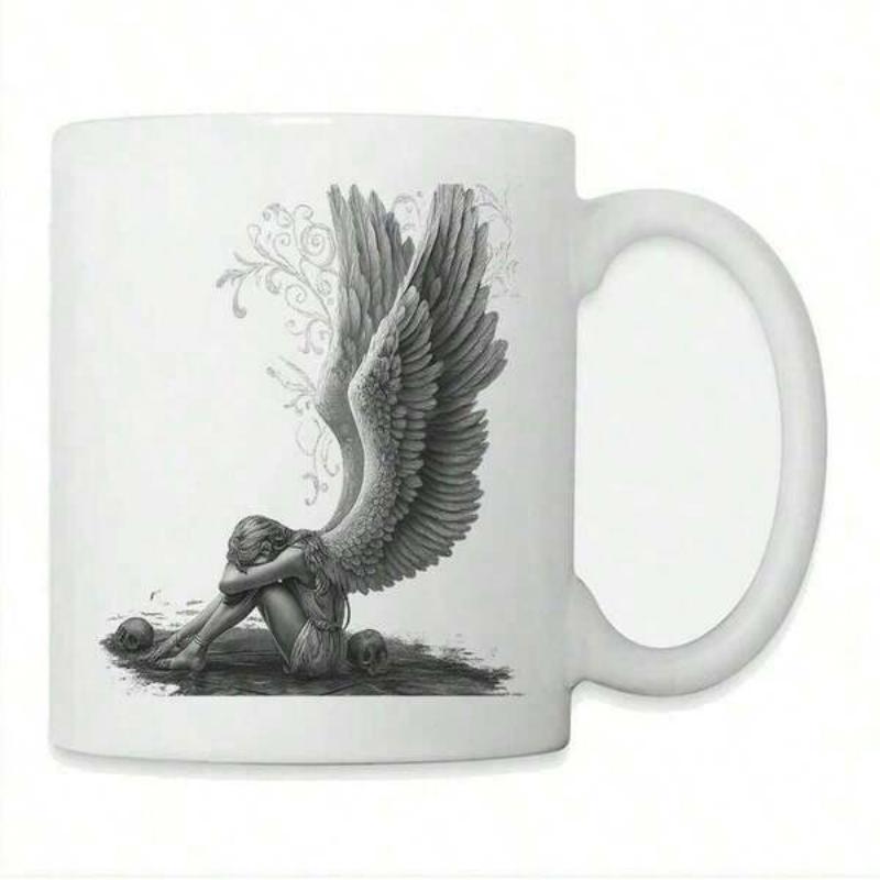 Tailorly White Ceramic 11 oz Mug - Gothic Seated Figure With Large Feathered Wings Beside Skulls On Dark Ground Angel