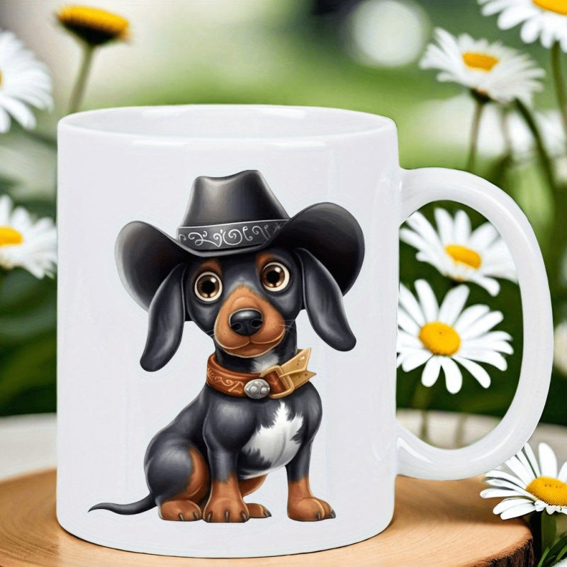 Tailorly White Ceramic 11 oz Mug - Adorable Cartoon Cowboy Style Dog With Black Hat And Collar Dachshund