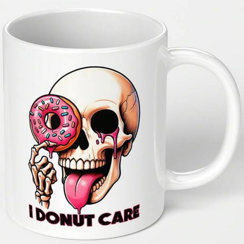 Tailorly White Ceramic 11 oz Mug - I Donut Care Grinning Skeleton Holding Pink Frosted Donut With Dripping Tongue Skull