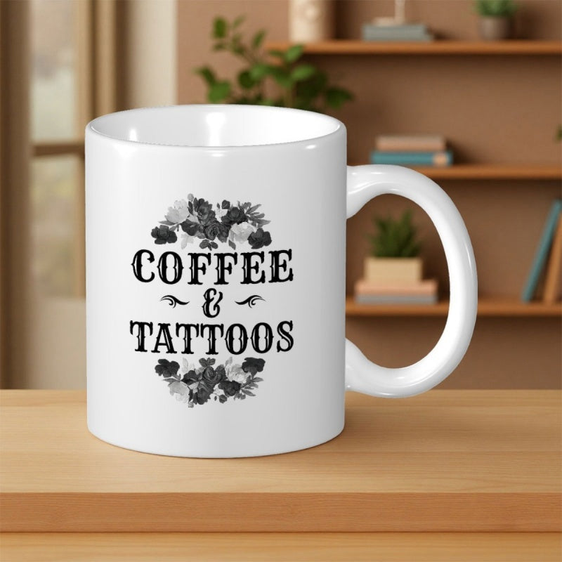 Tailorly White Ceramic 11 oz Mug - Coffee Tattoos Symmetrical Black Floral Ornaments Surrounding Bold Vintage Decorative Script Text Mug