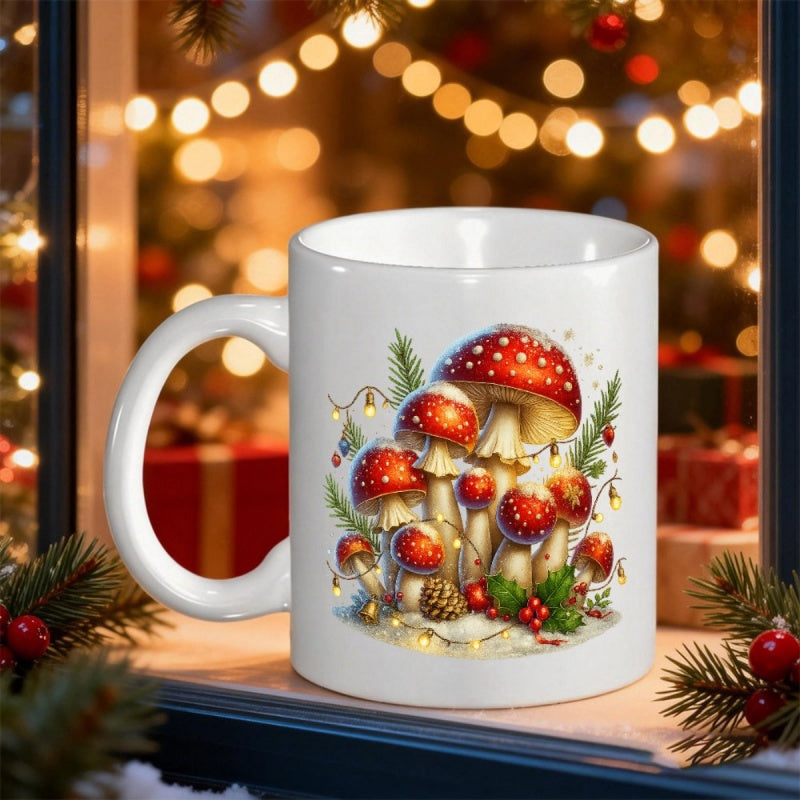 Tailorly White Ceramic 11 oz Mug - Magical Christmas Forest Elements With Red Spotted Cap And Pine Branches Mushroom