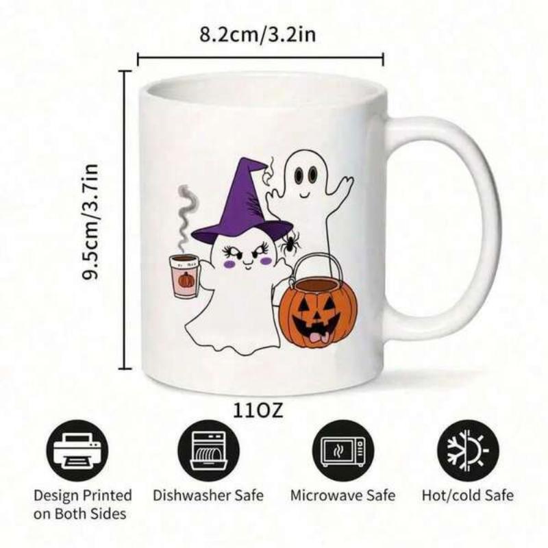 Tailorly White Ceramic 11 oz Mug - Cute Halloween Scene Featuring Cartoon Spirits With Purple Witch Hat Ghost