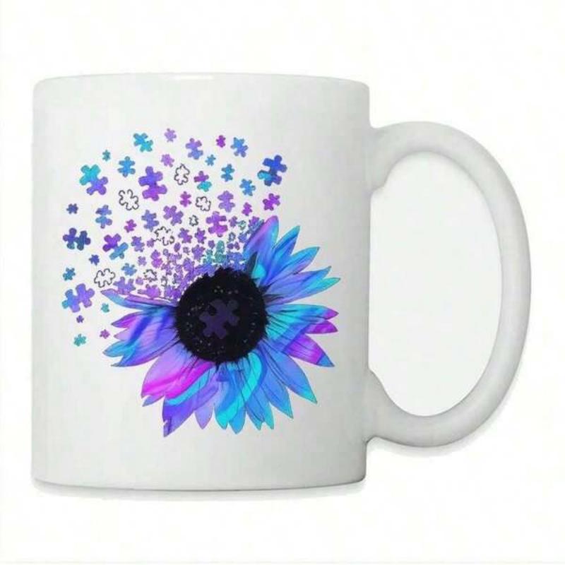 Tailorly White Ceramic 11 oz Mug - Colorful Vibrant Petals With Floating Puzzle Pieces Surrounding Artistic Floral Sunflower
