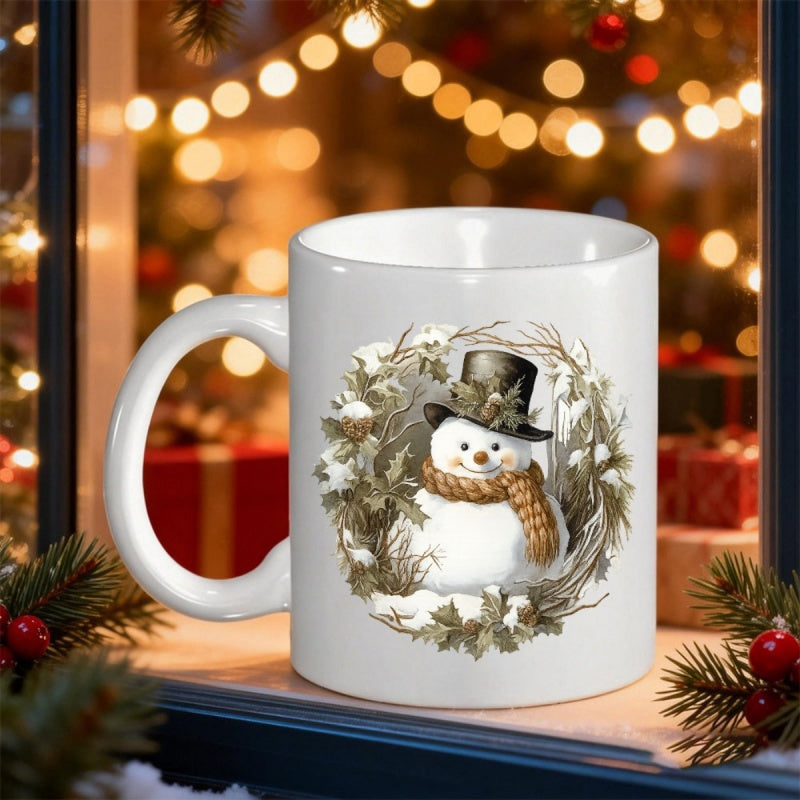 Tailorly White Ceramic 11 oz Mug - Charming Winter Character Wearing Classic Top Hat With Decorative Wreath Snowman