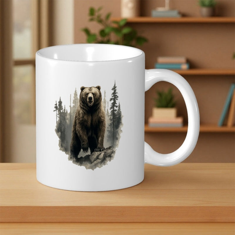 Tailorly White Ceramic 11 oz Mug - Majestic Wilderness Scene Among Pine Trees With Powerful Standing Grizzly Bear