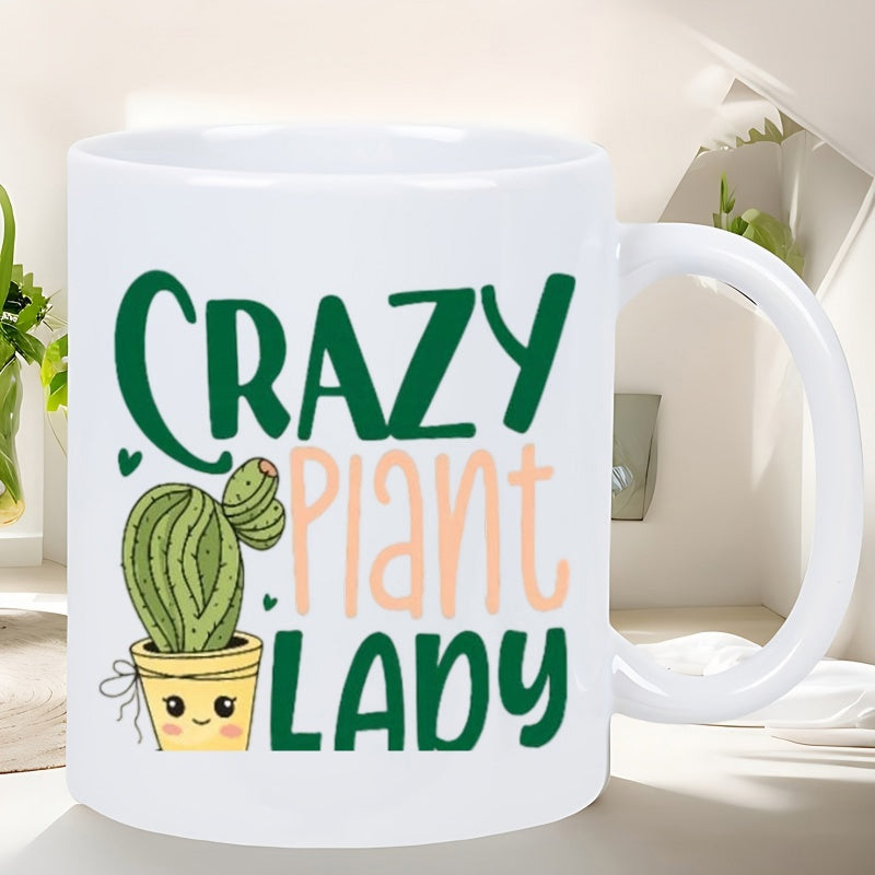 Tailorly White Ceramic 11 oz Mug - Crazy Plant Lady Whimsical Potted Green Succulent With Smiling Face Among Decorative Hearts Cactus