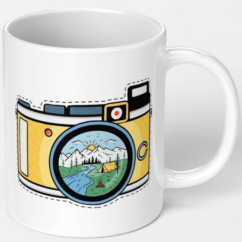Tailorly White Ceramic 11 oz Mug - Hand Drawn Yellow Retro Graphic With Mountain River Landscape Inside Camera
