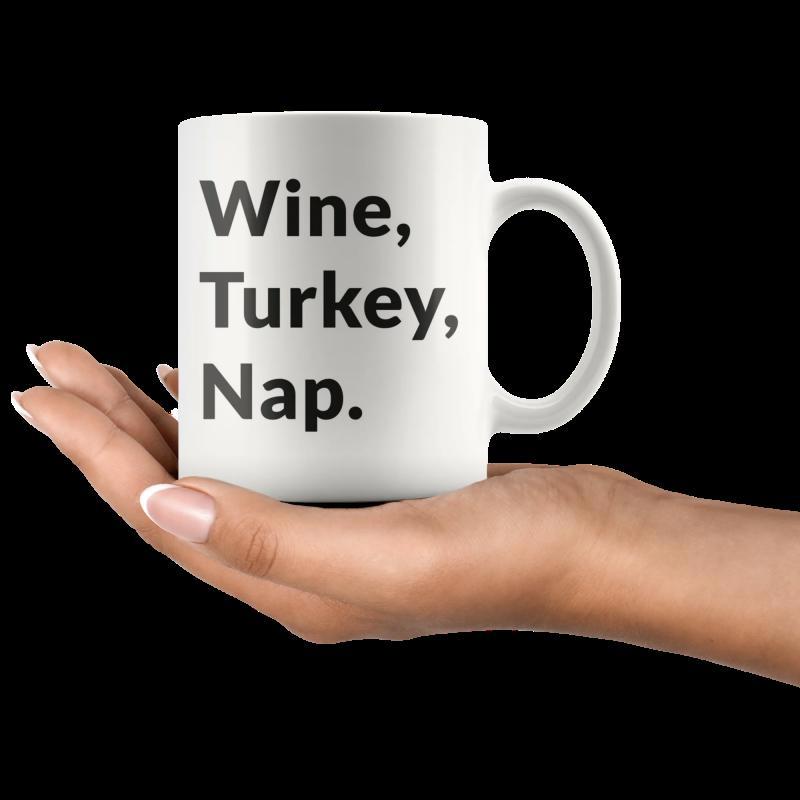 Tailorly White Ceramic 11 oz Mug - Wine Turkey Nap Human Hand Gently Holding A Minimalist
