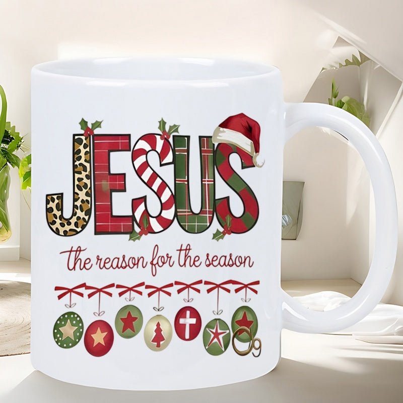 Tailorly White Ceramic 11 oz Mug - Jesus The Reason For The Season Decorative Festive Christmas Pattern With Hanging Star Cross Ornaments Mug