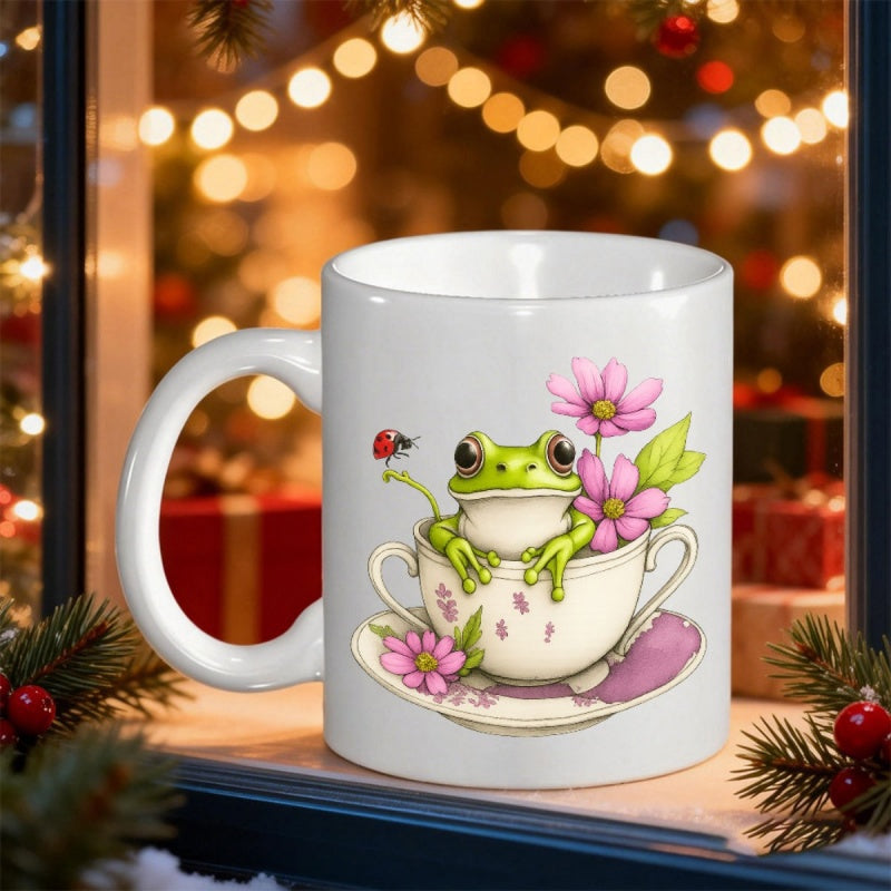 Tailorly White Ceramic 11 oz Mug - Adorable Green Resting Inside Vintage Floral Teacup With Pink Flowers Frog