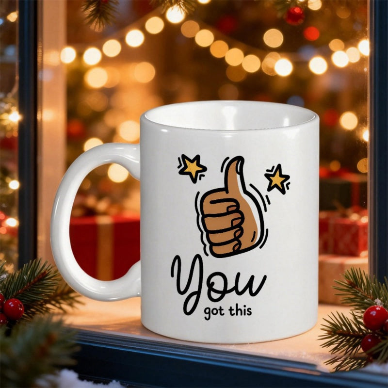 Tailorly White Ceramic 11 oz Mug - You Got This Positive Thumbs Up Gesture Among Shining Little Yellow Stars Hand
