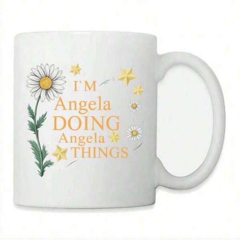 Tailorly White Ceramic 11 oz Mug - Im Angela Doing Angela Things Elegant Blooming Petals Surrounded By Golden Twinkling Stars And Leaves Daisy