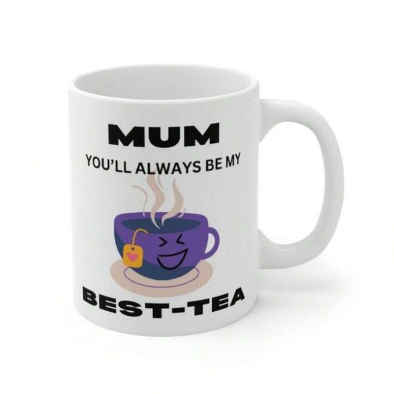 Tailorly White Ceramic 11 oz Mug - Mum You'll Always Be My Best-Tea Smiling Purple Cartoon Cup With Steaming Tea And Heart Tag Mug