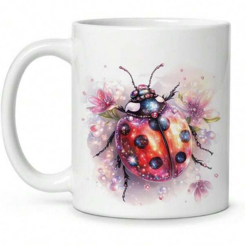Tailorly White Ceramic 11 oz Mug - Watercolor Artistic Insect Resting Among Delicate Pink Spring Floral Petals Ladybug