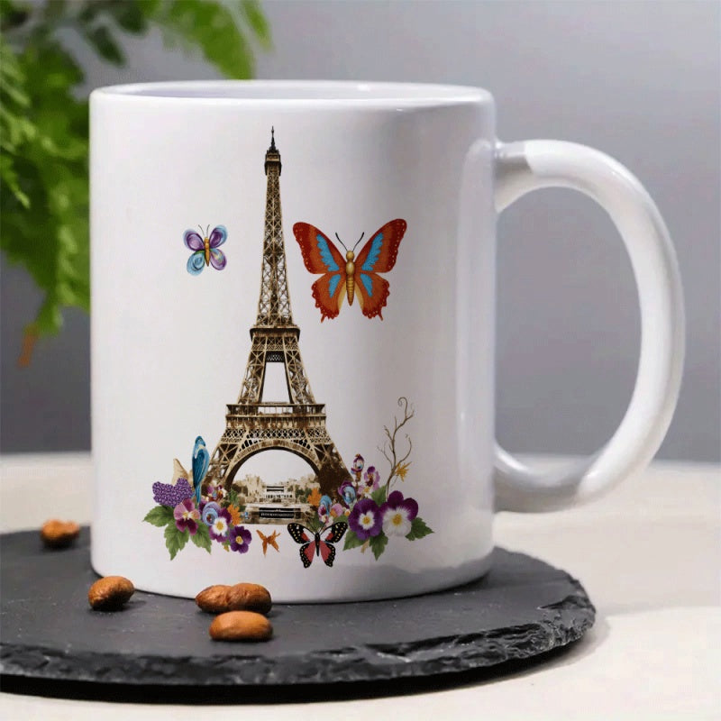 Tailorly White Ceramic 11 oz Mug - Iconic French Landmark Surrounded By Vibrant Butterflies And Blooming Garden Flowers Eiffel Tower