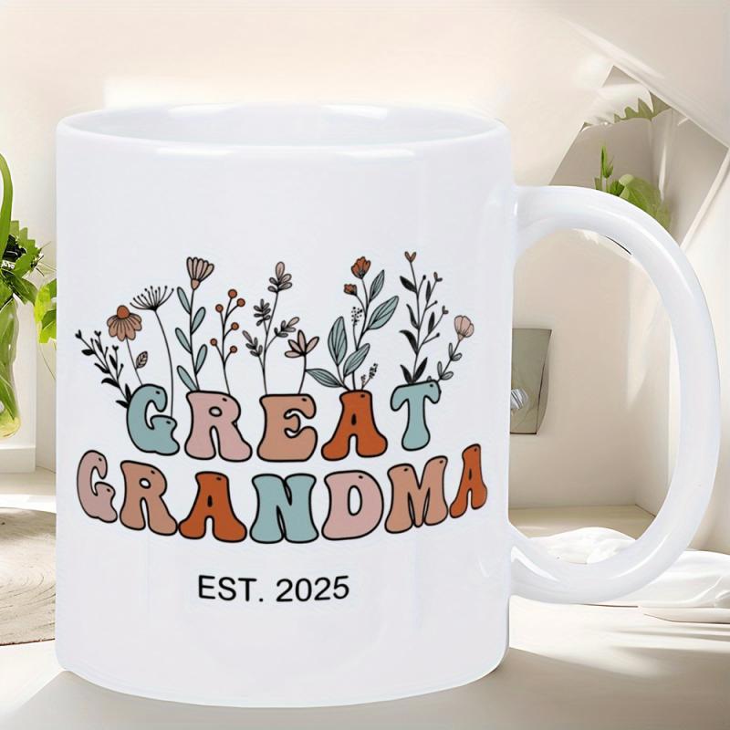 Tailorly White Ceramic 11 oz Mug - Great Grandma Est 2025 Retro Muted Color Garden Blossoming With Delicate Hand Drawn Wildflower
