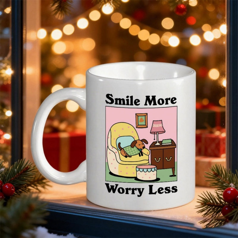 Tailorly White Ceramic 11 oz Mug - Smile More Worry Less Cute Small Dog Resting On Cozy Yellow Armchair Inside Colorful Room Dog