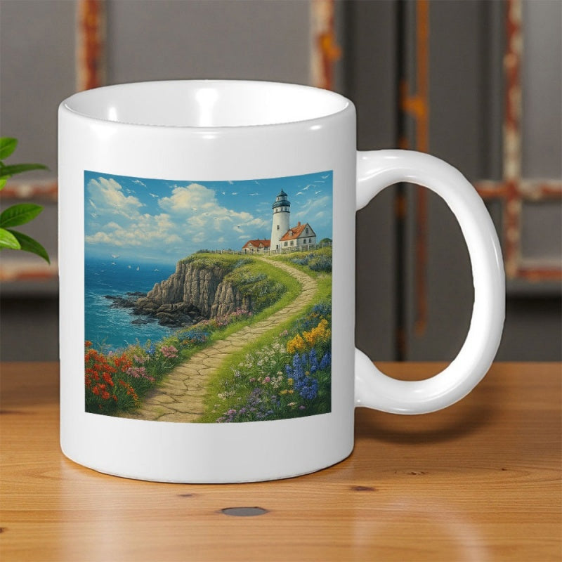 Tailorly White Ceramic 11 oz Mug - Scenic Coastal Landscape With Winding Path And Flowers Near Majestic Sea Lighthouse
