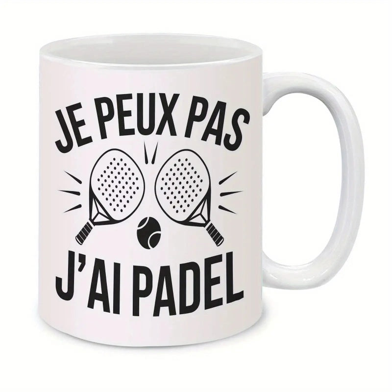 Tailorly White Ceramic 11 oz Mug - Minimalist Black Line Art Featuring Two Athletic Sporting Paddles And Ball Racket