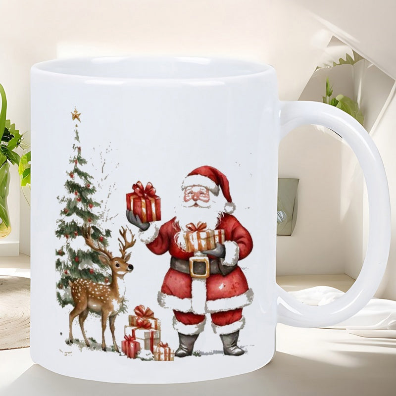 Tailorly White Ceramic 11 oz Mug - Festive Watercolor Scene Featuring A Reindeer Standing Beside A Joyful Santa Claus