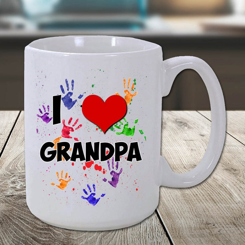 Tailorly White Ceramic 11 oz Mug - I Grandpa Colorful Painted Childlike Handprints Scattering Around A Red Heart