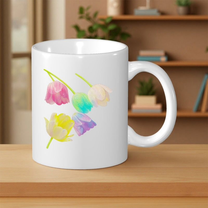 Tailorly White Ceramic 11 oz Mug - Elegant Colorful Watercolor Spring Blossoms With Soft Petals And Green Stems Tulips