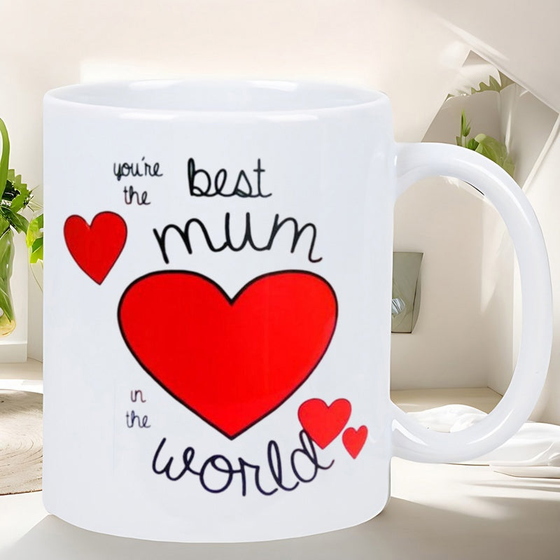Tailorly White Ceramic 11 oz Mug - Youre The Best Mum In The World Vibrant Red Hearts Scattered Around With Beautiful Artistic Hand Lettering Heart