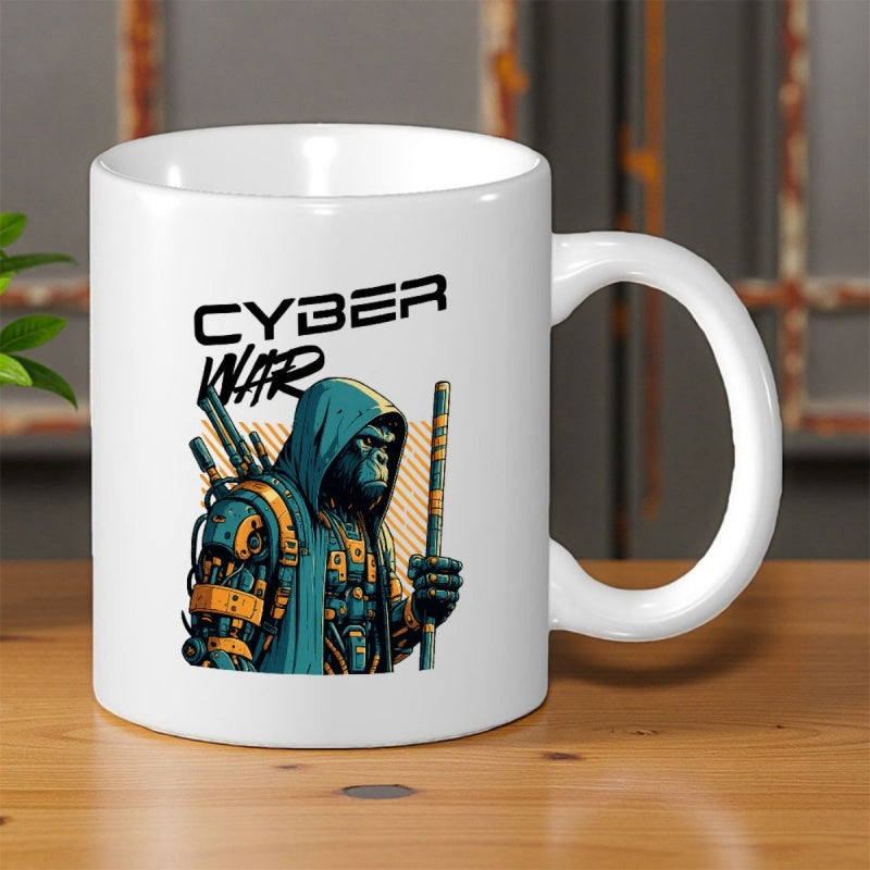 Tailorly White Ceramic 11 oz Mug - Cyber War Futuristic Cybernetic Armored Gorilla Wearing Hoodie Holding A Staff Gorilla