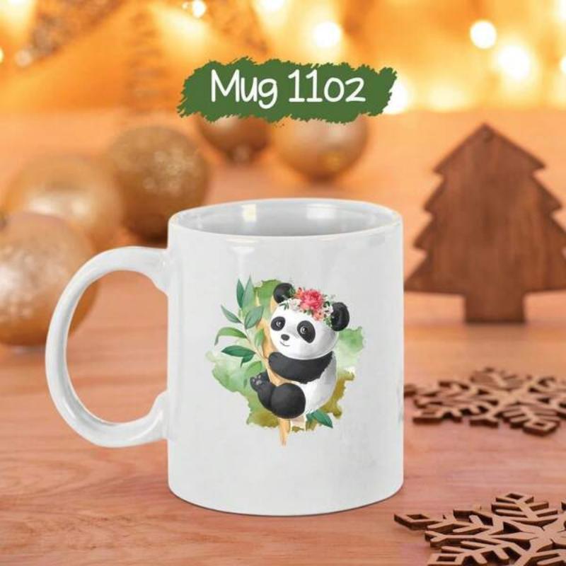 Tailorly White Ceramic 11 oz Mug - Adorable Watercolor Panda Sitting Among Green Bamboo Leaves Wearing Floral Crown Panda