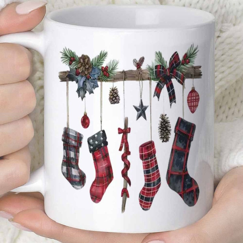Tailorly White Ceramic 11 oz Mug - Rustic Branch With Pine Needles And Various Festive Plaid Hanging Holiday Ornaments Stockings