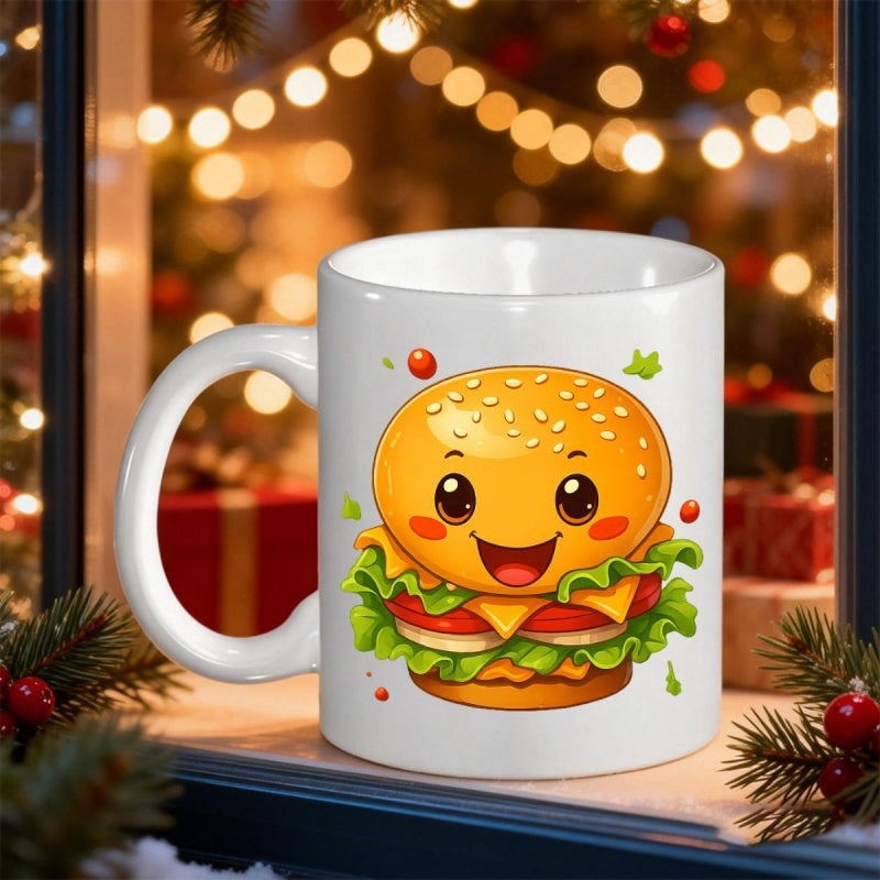 Tailorly White Ceramic 11 oz Mug - Cheerful Kawaii Style Fast Food Character With Melting Cheese Hamburger